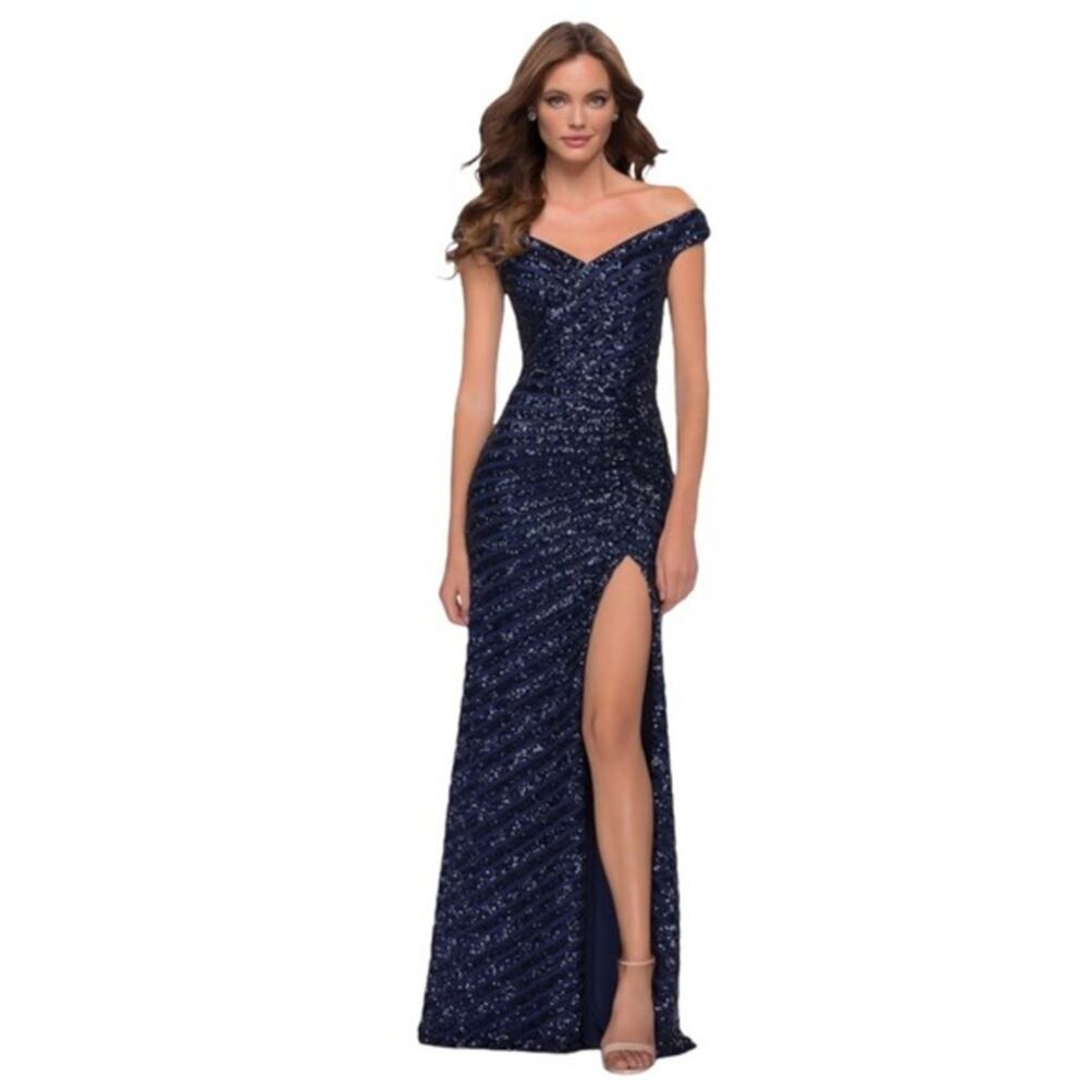 La Femme Sequin Stripe Off the Shoulder Gown Size 8 NWT